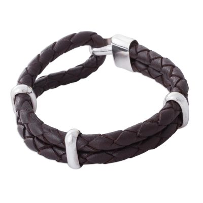 Men's braided leather bracelet, 'Desert Paths' - Men's Sterling Silver and Leather Wristband Bracelet