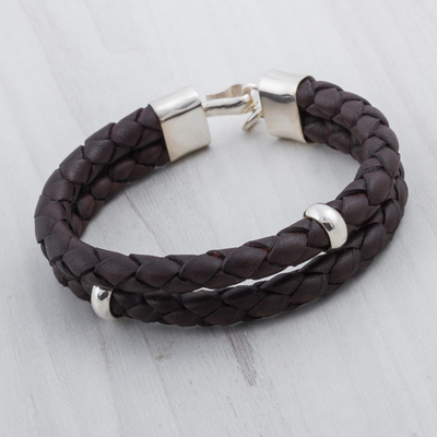 Men's Leather Sterling Silver Wristband Bracelet - Balance in Brown ...
