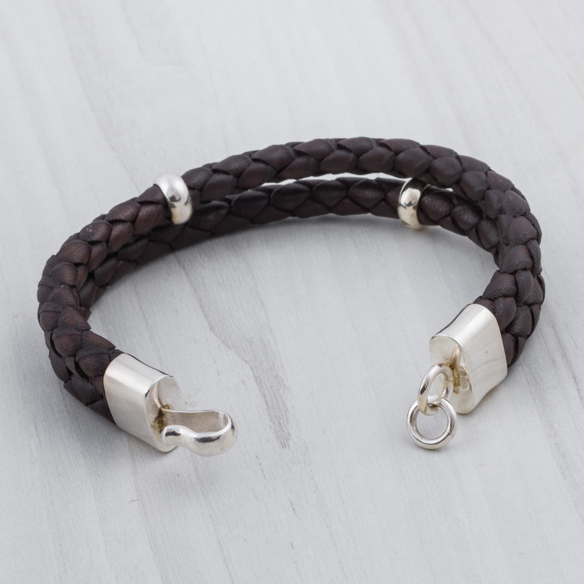 Men's Leather Sterling Silver Wristband Bracelet - Balance in Brown ...