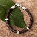 Handmade Men's Leather Bracelet with Sterling Accents, 'Bold Brown'