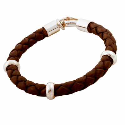 Men's leather braided bracelet, 'Bold Brown' - Handmade Men's Leather Bracelet with Sterling Accents