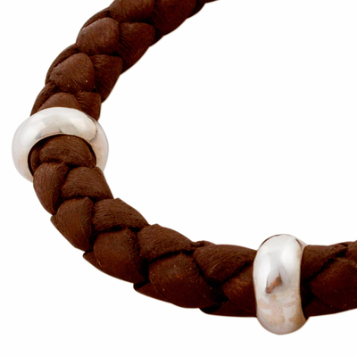 Men's leather braided bracelet, 'Bold Brown' - Handmade Men's Leather Bracelet with Sterling Accents