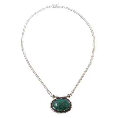 Chrysocolla choker, 'Mystical Medallion' - Sterling Silver Pendant Chrysocolla Necklace