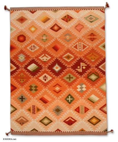 Wool rug, 'Many Masks' (6x8.5) - Hand Loomed Geometric Wool Area Rug (6x8.5)