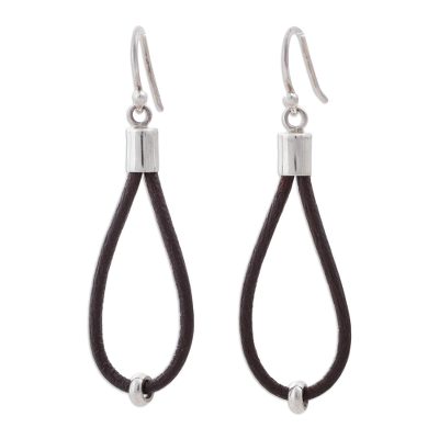 Leather earrings, 'Brown Lasso' - Hand Made Leather Dangle Earrings from Peru