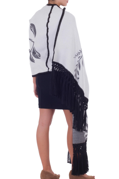 Alpaca blend shawl, 'Midnight Wheat' - Handcrafted Alpaca White and Grey Reversible Shawl Wrap