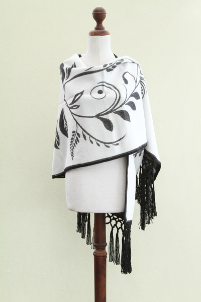 Alpaca blend shawl, 'Midnight Wheat' - Handcrafted Alpaca White and Grey Reversible Shawl Wrap