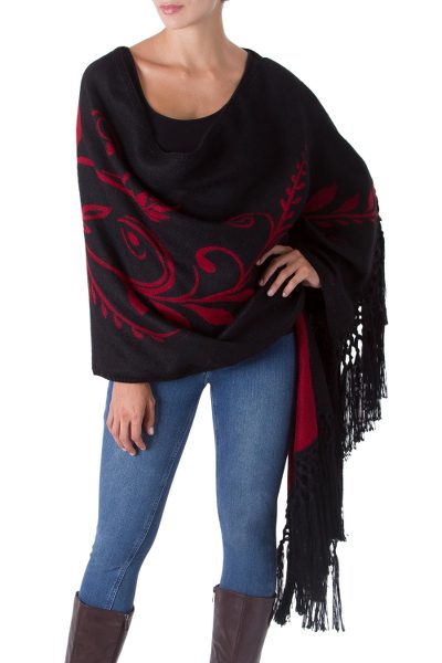 Alpaca blend shawl, 'Crimson Harvest' - Artisan Crafted Alpaca Wool Reversible Shawl