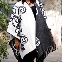 Peruvian Floral Reversible White and Grey Wrap Ruana,'Silhouette'