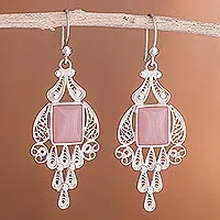 Rose quartz chandelier earrings, 'Pink Tulip' - Handcrafted Fine Silver and Rose Quartz Dangle Earrings