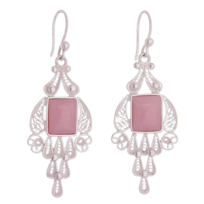 Rose quartz chandelier earrings, 'Pink Tulip' - Handcrafted Fine Silver and Rose Quartz Dangle Earrings