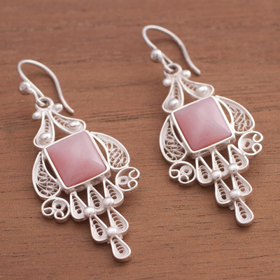 Pendientes de araña de cuarzo rosa - Pendientes colgantes hechos a mano de plata fina y cuarzo rosa