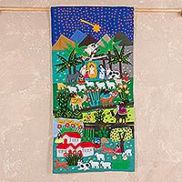 Wandbehang mit Applikation, „Krippe“ – handgefertigter Wandteppich mit religiöser Applikation