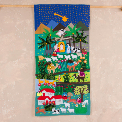 Applique wall hanging, 'Nativity Scene' - Hand Crafted Religious Applique Tapestry Wall Hanging