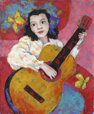 'Having Fun' - Girl with Guitar Original Fine Art Oil Painting Peru