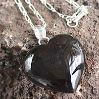 Obsidian heart necklace, 'Black Petal Heart' - Heart Shaped Pendant Obsidian Necklace on a Silver Chain