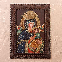 'Virgin Mary and Jesus with Cherubim' - Religious Colonial Replica Painting from Peru