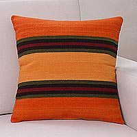 Wool cushion cover, 'Three Worlds' - Wool Cushion Cover Orange Stripe 18 In Handmade Peru