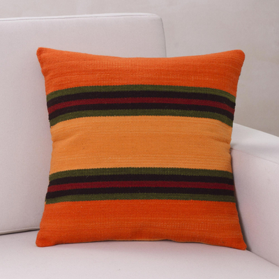 Wool cushion cover, 'Three Worlds' - Wool Cushion Cover Orange Stripe 18 In Handmade Peru