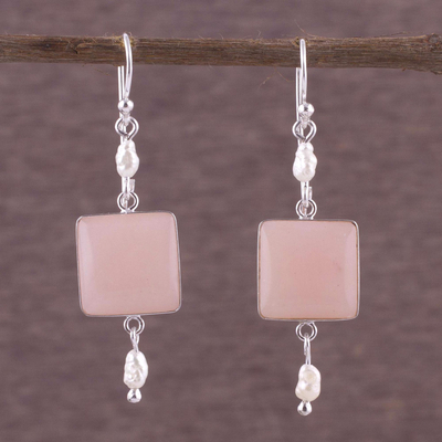 Cultured pearl and opal dangle earrings, 'Frosted' - Unique Sterling Silver Dangle Rose Quartz Earrings