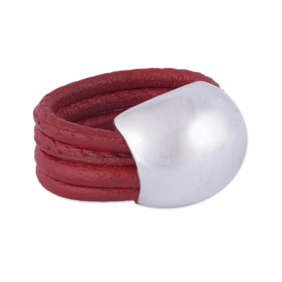 Leather and sterling silver ring, 'Crimson' - Peruvian Leather Sterling Silver Domed Ring