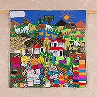 Applique wall hanging, 'Street Market' - Cotton Folk Art Wall Hanging