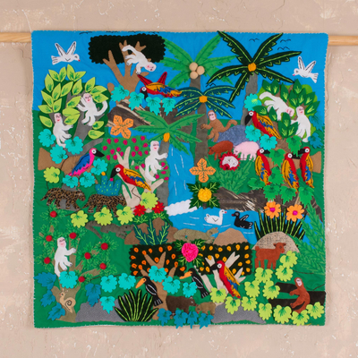 Applique wall hanging, 'Jungle Friends' - Applique Wall Hanging Folk Art Handmade in Peru