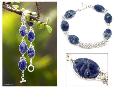 Sodalite beaded bracelet, 'Blue Sea Waves' - Collectible Fine Silver Link Sodalite Bracelet