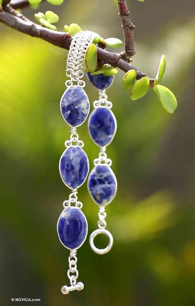 Sodalite beaded bracelet, 'Blue Sea Waves' - Collectible Fine Silver Link Sodalite Bracelet