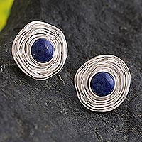 Sodalite button earrings, 'Blue Rosebud' - Silver Sodalite Button Earrings