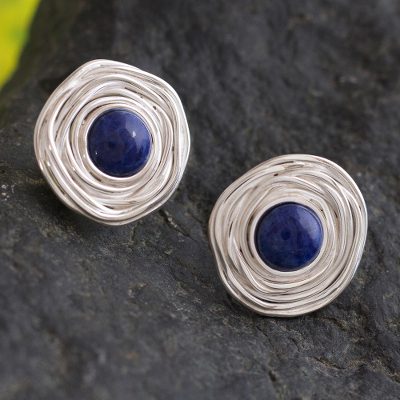 Sodalite button earrings, 'Blue Rosebud' - Silver Sodalite Button Earrings