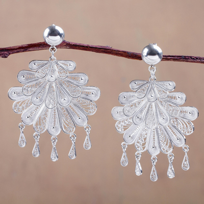 Silver chandelier earrings, 'Silver Dance' - Sterling Silver Filigree Chandelier Earrings