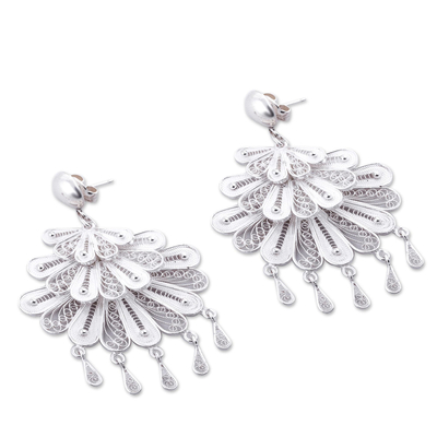 Silver chandelier earrings, 'Silver Dance' - Sterling Silver Filigree Chandelier Earrings