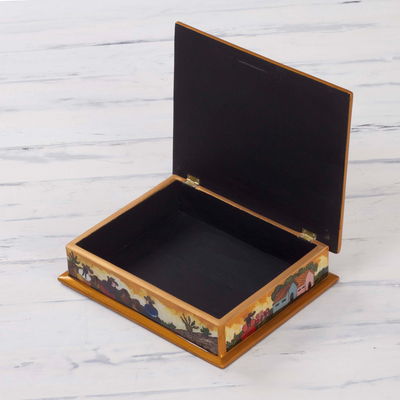 Painted glass jewelry box, 'Friends Among the Flowers' - Hand Made Reverse Painted Glass Jewelry Box