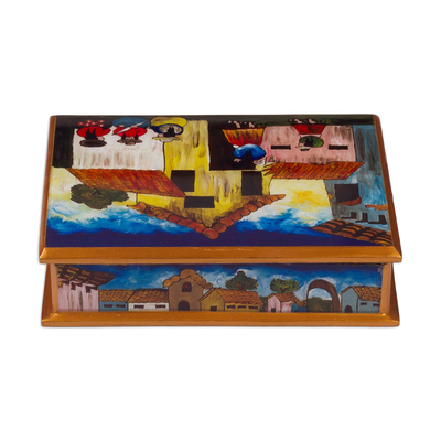 Painted glass Jewellery box, 'Village Houses' - Andean Folk Art Handmade Glass Jewellery Box
