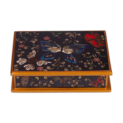Painted glass jewelry box, 'Night Flutters' - Reverse Painted Glass Jewelry Box