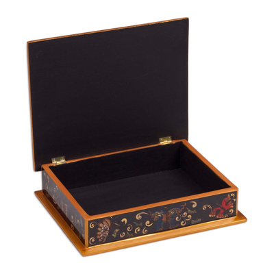 Reverse Painted Glass Jewelry Box - Night Flutters | NOVICA