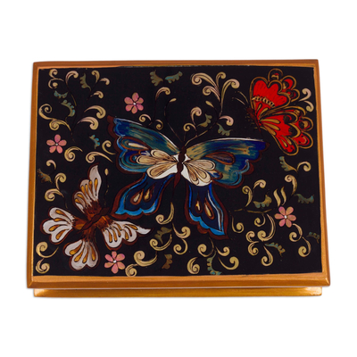 Reverse Painted Glass Jewelry Box - Night Flutters | NOVICA