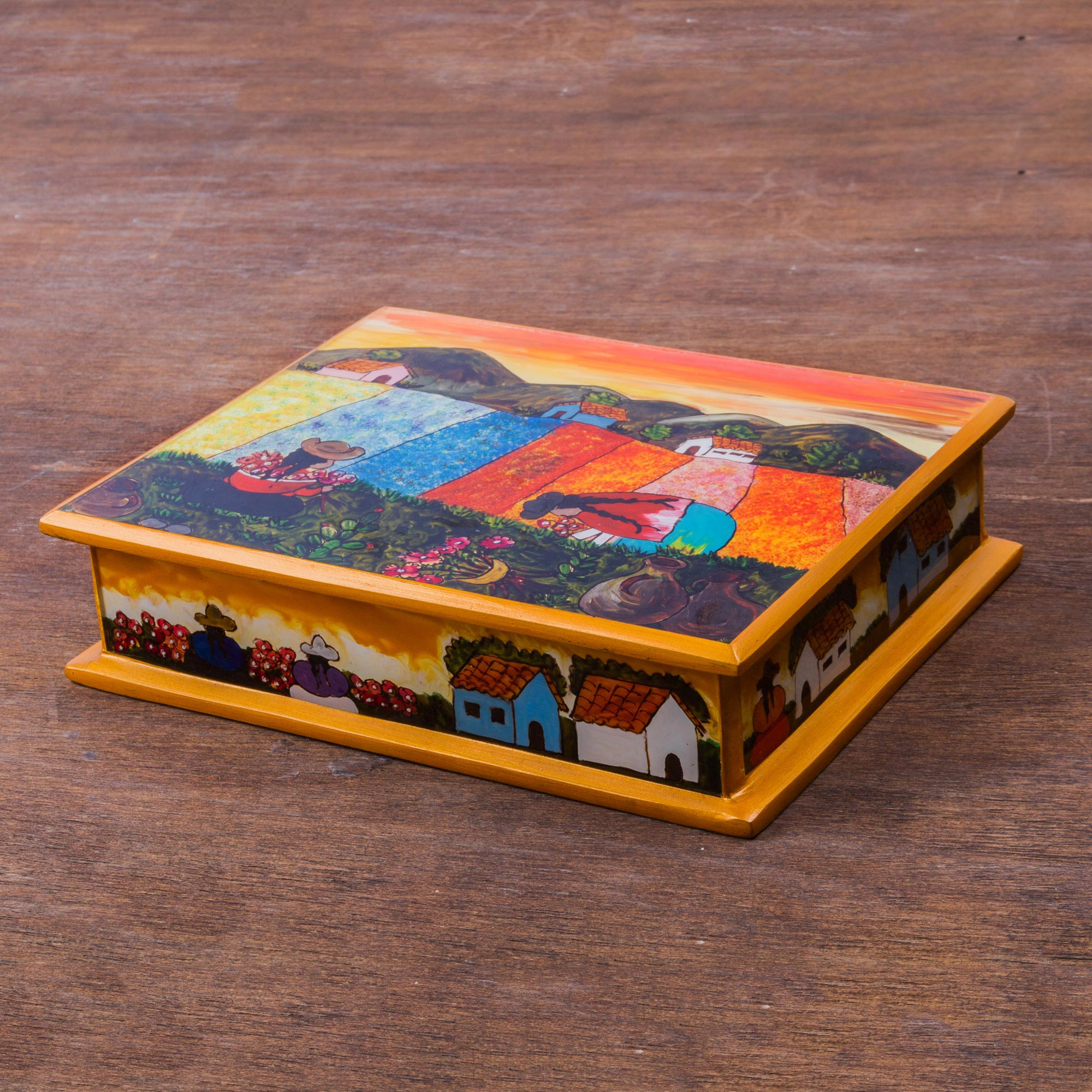 Peruvian Reverse Painted Glass Jewellery Box, 'Mother and Daughter'