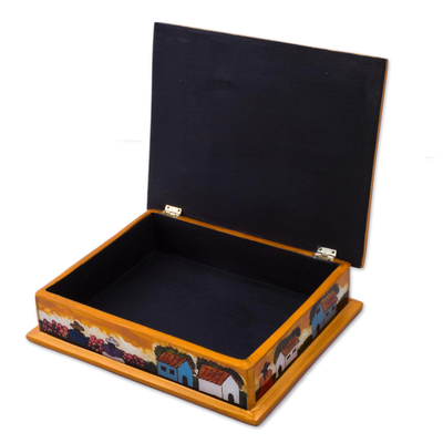 Painted glass jewelry box, 'Mother and Daughter' - Peruvian Reverse Painted Glass Jewelry Box