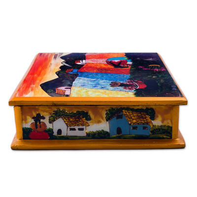 Painted glass Jewellery box, 'Mother and Daughter' - Peruvian Reverse Painted Glass Jewellery Box