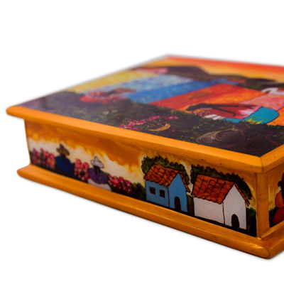 Painted glass jewelry box, 'Mother and Daughter' - Peruvian Reverse Painted Glass Jewelry Box