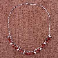Carnelian choker, 'Sunny Harmony' - Unique Sterling Silver and Beaded Carnelian Womens Necklace