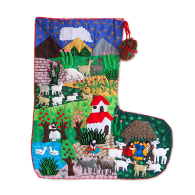Applique Christmas stocking, 'Manger in Peru' - Applique Christmas stocking