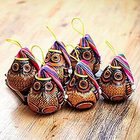 Mate gourd ornaments, 'Christmas Owls' (set of 6)