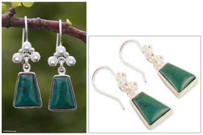 Chrysocolla flower earrings, 'Temple of the Flowers' - Unique Floral Fine Silver and Chrysocolla Earrings