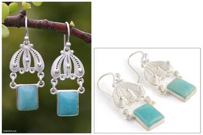 Amazonite filigree earrings, 'Swinging in the Rain' - Hand Made Fine Silver Filigree Amazonite Earrings