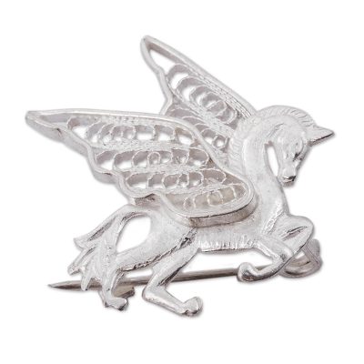 Silver filigree brooch pin, 'Filigree Pegasus' - Hand Made Silver Filigree Brooch Pin