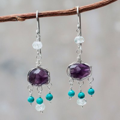 Amethyst and aquamarine chandelier earrings, 'Accountant' - Amethyst and Silver Dangle Earrings