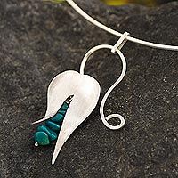 Chrysocolla choker, 'Day Flower' - Handcrafted Floral Fine Silver Pendant Chrysocolla Necklace